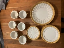 MEISSEN 24K GOLD Encrusted rims Leaf 6 set Cup & Saucer & Plate set, large plate