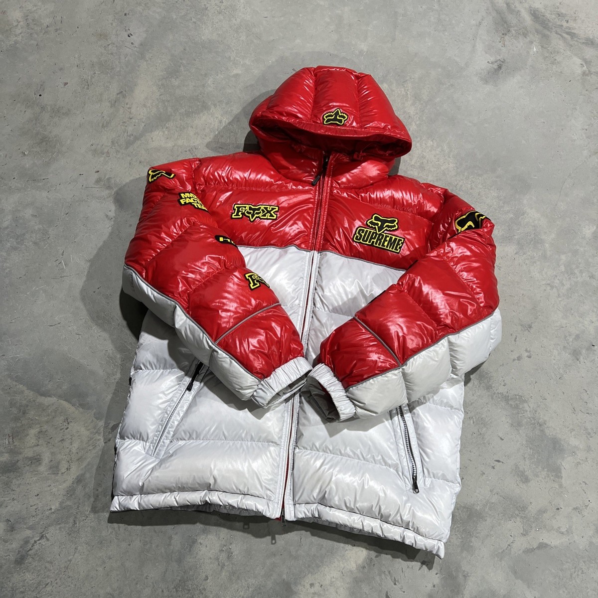 Supreme x Fox Racing Shiny Down Puffer Jacket FW25 Red White Men's