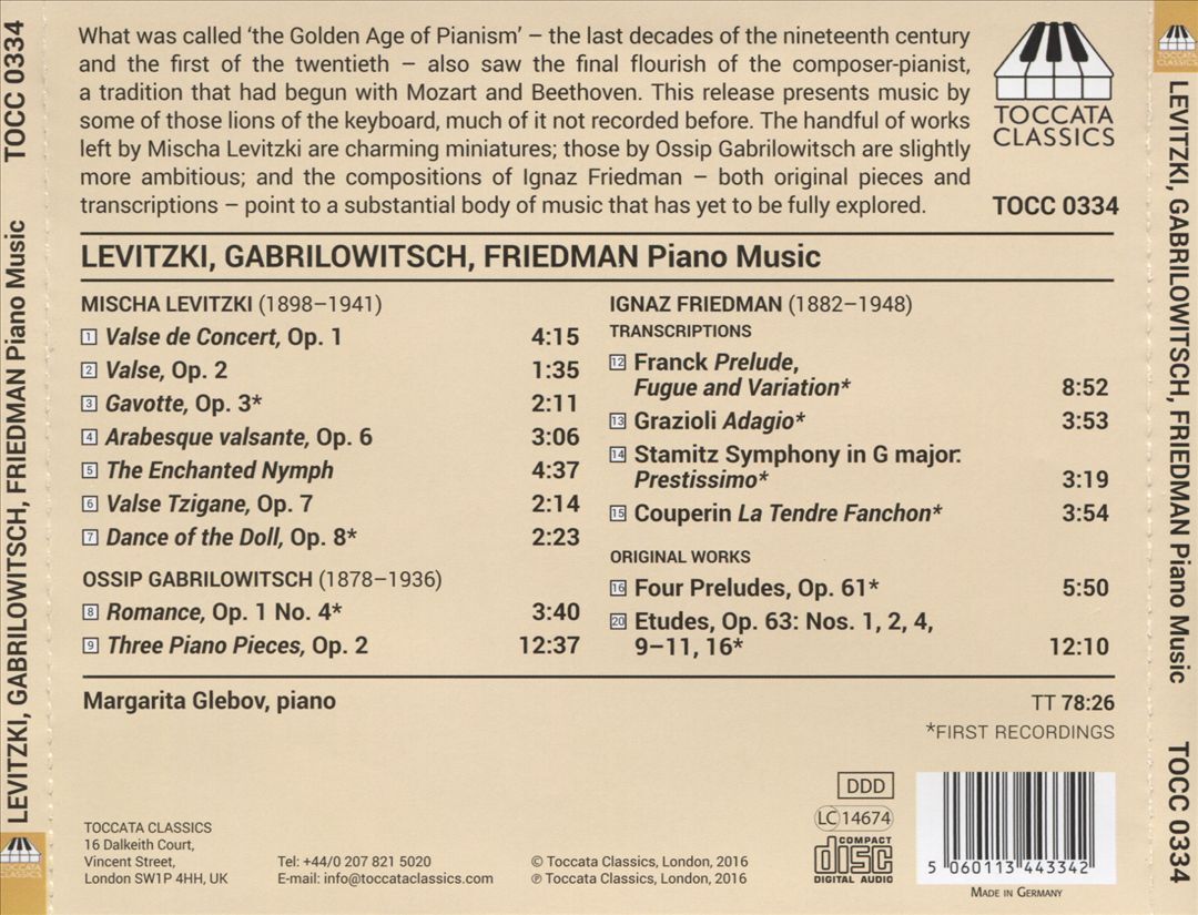 Gabrilowitsch Levitzki Friedman Original Works Ossip Glebov Margarita CD 2016