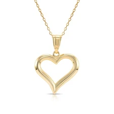 14K Real Solid Yellow Gold Classic Open Heart Pendant Charm Necklace 18 in