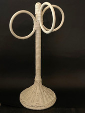 White Wicker Towel holder 3 ring stand countertop boho cottagecore 16" farmhouse