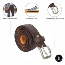 Leatherboss Leather Money Belt Zipper Safe Size 36 Stylish Casual Buckle, Brown