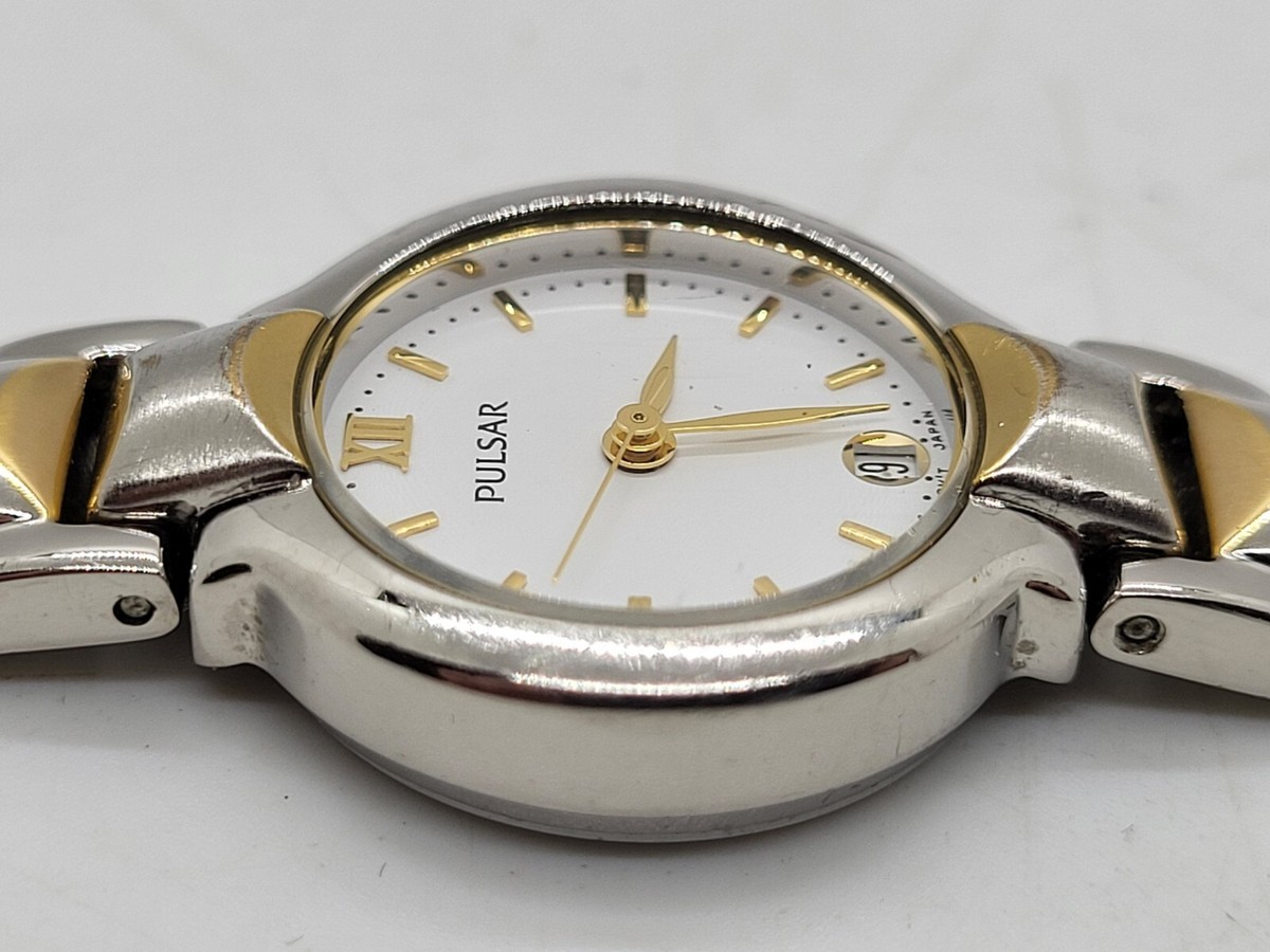 Pulsar Quartz Woman's Watch VX82-X265 Date Silver Gold Stainless