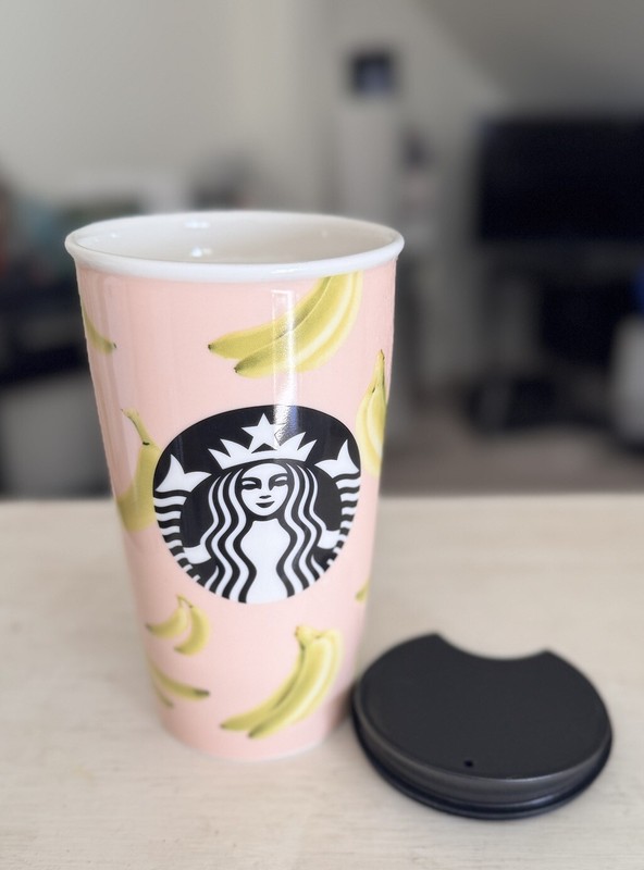 Starbucks 2015 Pink Banana 12oz Ceramic Travel Tumbler Mug Cup Lid Oregon NWOT