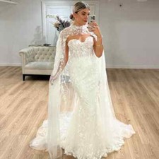 White Sweetheart Neck Mermaid Wedding Dress with 3D Floral Lace Detachable Cape