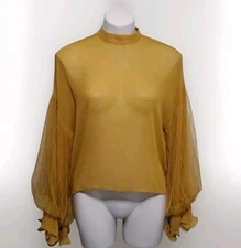 Tesoro Mustard Yellow Sheer Ruffled Trim Long Sleeves Blouse Small