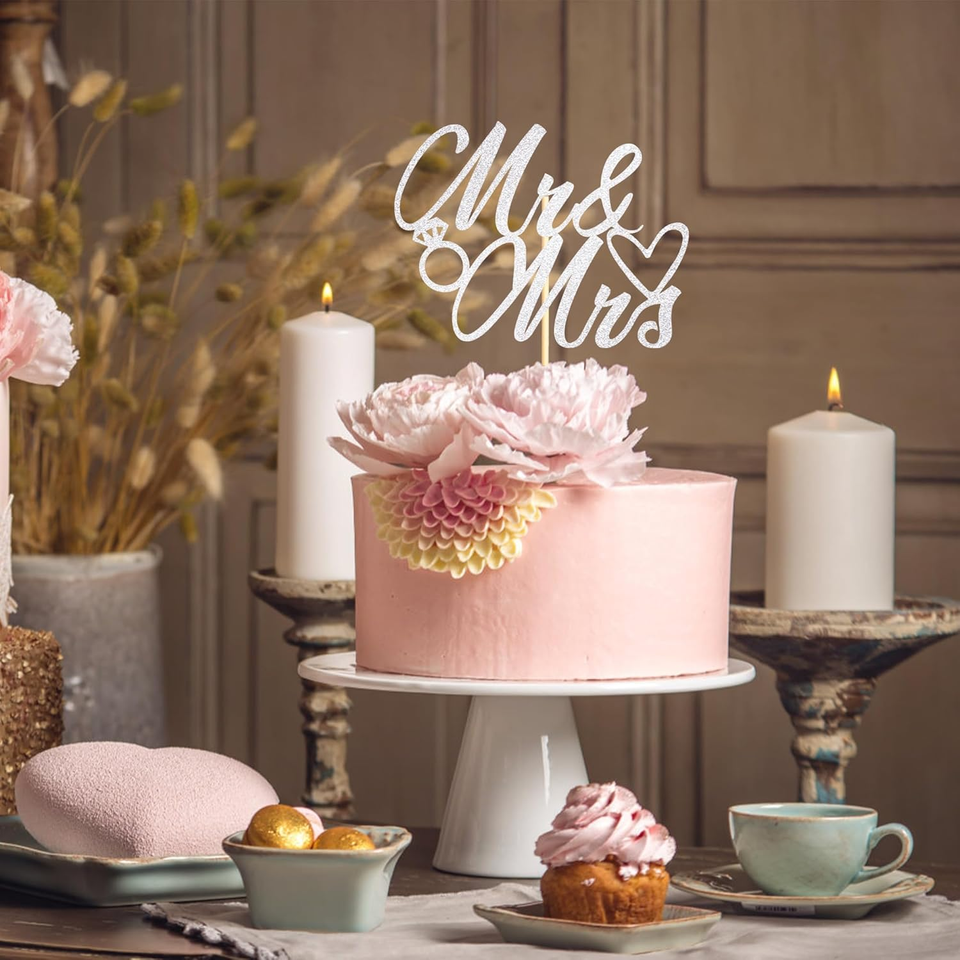 1 Pack Mr Mrs Cake Topper, Silver Glitter Love Mr Mrs Cake Pick Wedding