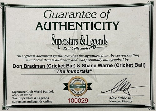 SHANE WARNE & DON BRADMAN SIGNED Ball & Cricket Bat The IMMORTALS FRAMED COA - Picture 8 of 16