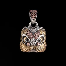 Oxidized Silver Dancing Lion Pendant, Lucky Amulet Charm Necklace