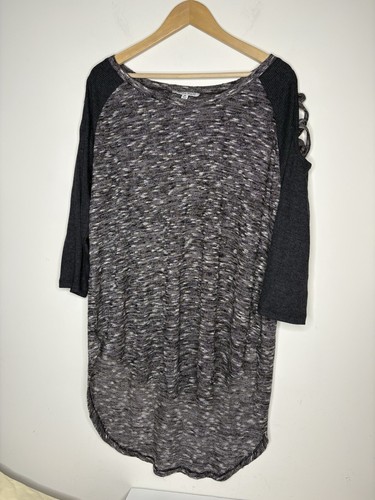 Extra Touch Womens Top 3X Tunic 3/4 Sleeve Hi Lo Round Neck Black White Gray
