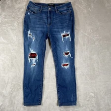 Judy Blue Jeans Buffalo Plaid 15/32 24” Blue Skinny Patch Destroyed Denim