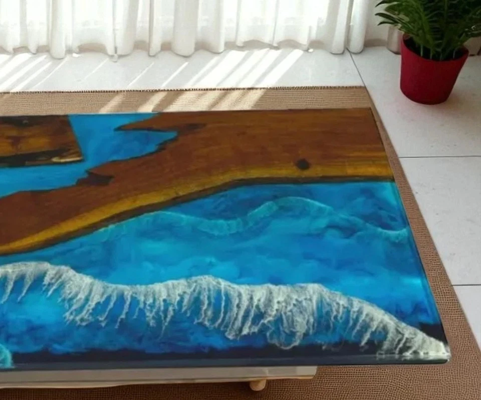 Blue Wave Epoxy Resin Center Dining Table Natural Wooden Live Edge Decor - Image 4 of 4