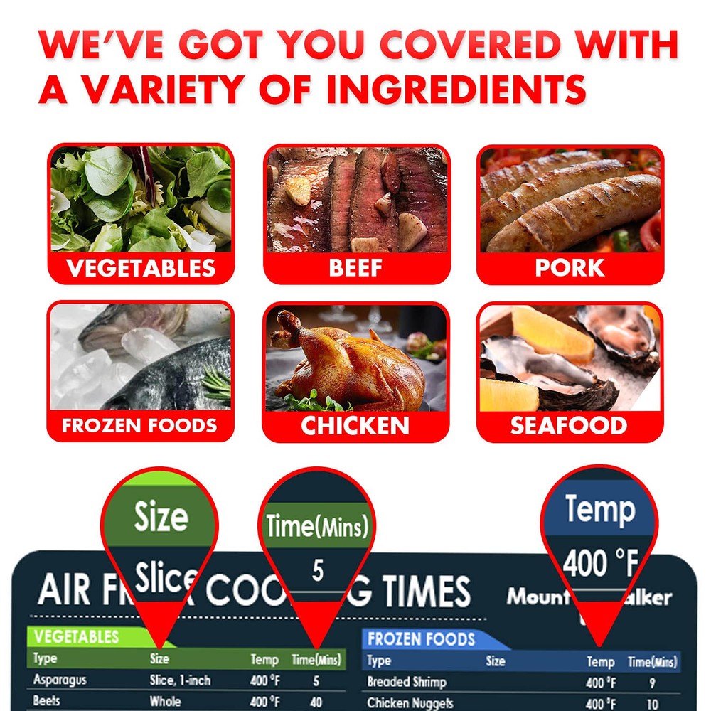 Air Fryer Magnetic Cheat Sheet Set - 3-Piece Cooking Time Chart & Recipe Guide