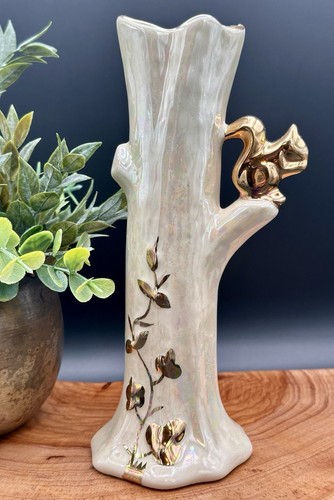 Squirrel Bud Vase Tree Trunk Gold Rainbow Iridescent Lusterware Vintage Wildlife