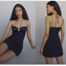 Reformation Dress Ocean Mini Halter Strappy in Black Satin