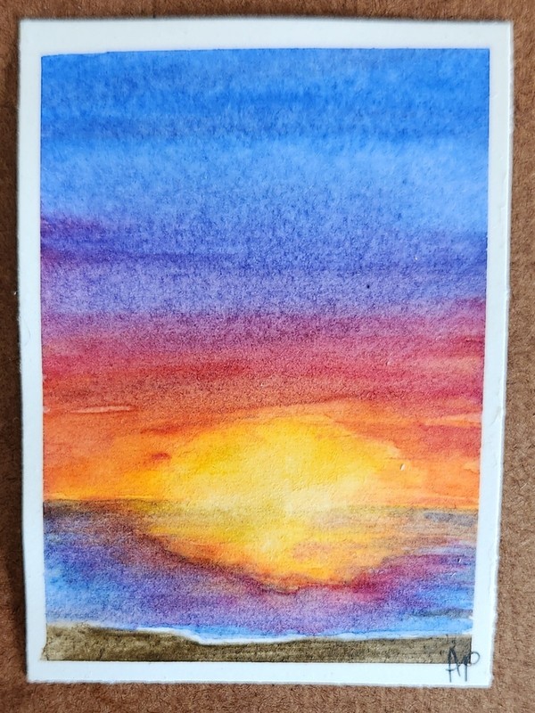 ACEO Original Watercolor Art Card Sunset Landscape By Tiedyedlife