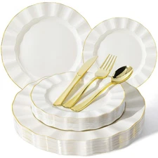 125PCS Ivory Plastic Plates Sets with Gold Rim, Gold Dinnerware Set for 25 Gu...