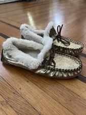 J. Crew metallic gold slippers fur 12 EUC women  s moccasins