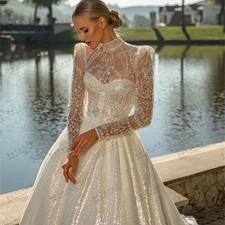 Elegant Wedding Dresses A-Line Lace Applique Full Sleeves High Neck Bridal Gowns