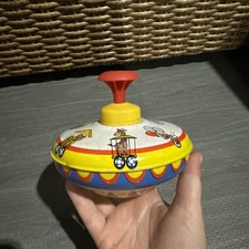 Vintage Ohio Art Metal Spinner Top Circus Train Tin Toy With Plastic PushHandle