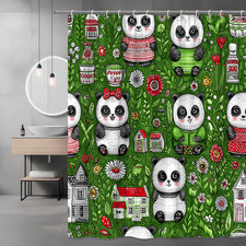 Panda Shower Curtain Green Floral Cute Animal Print