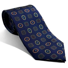 Navy Blue Geometric Printed Silk Tie (Handmade in England)
