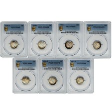 7 monedas de diez centavos Roosevelt 10c hermoso juego original como nuevo tonificación MS65 - MS66 PCGS