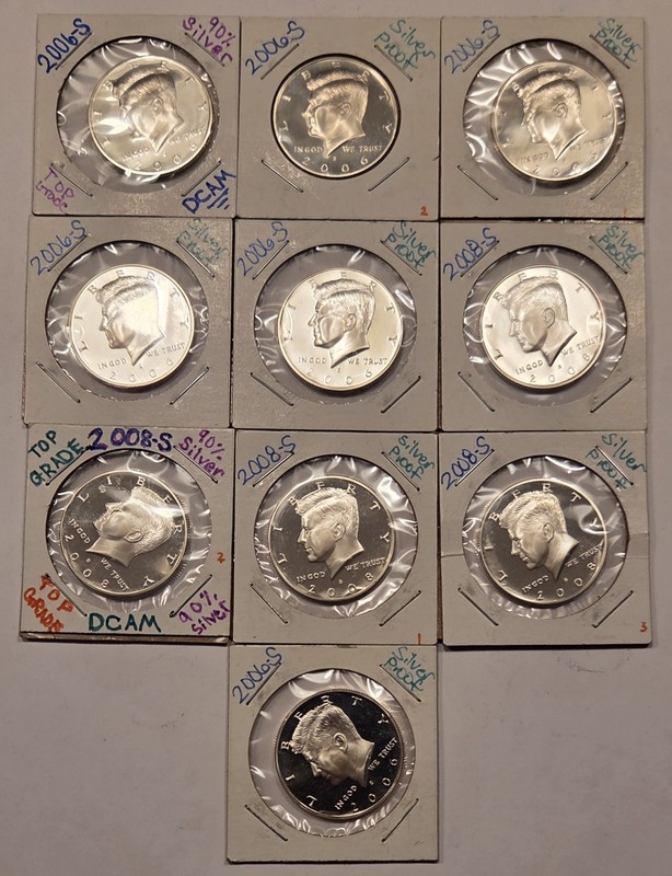 2006/08 Silver Kennedy Half Dollar PROOFS $5 Face/Half Roll 90% Silver