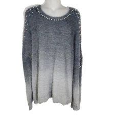 Venus Sweater Womens Size XL Soft Cozy Pearl Trim Gray Ombre Fuzzy Long Sleeve
