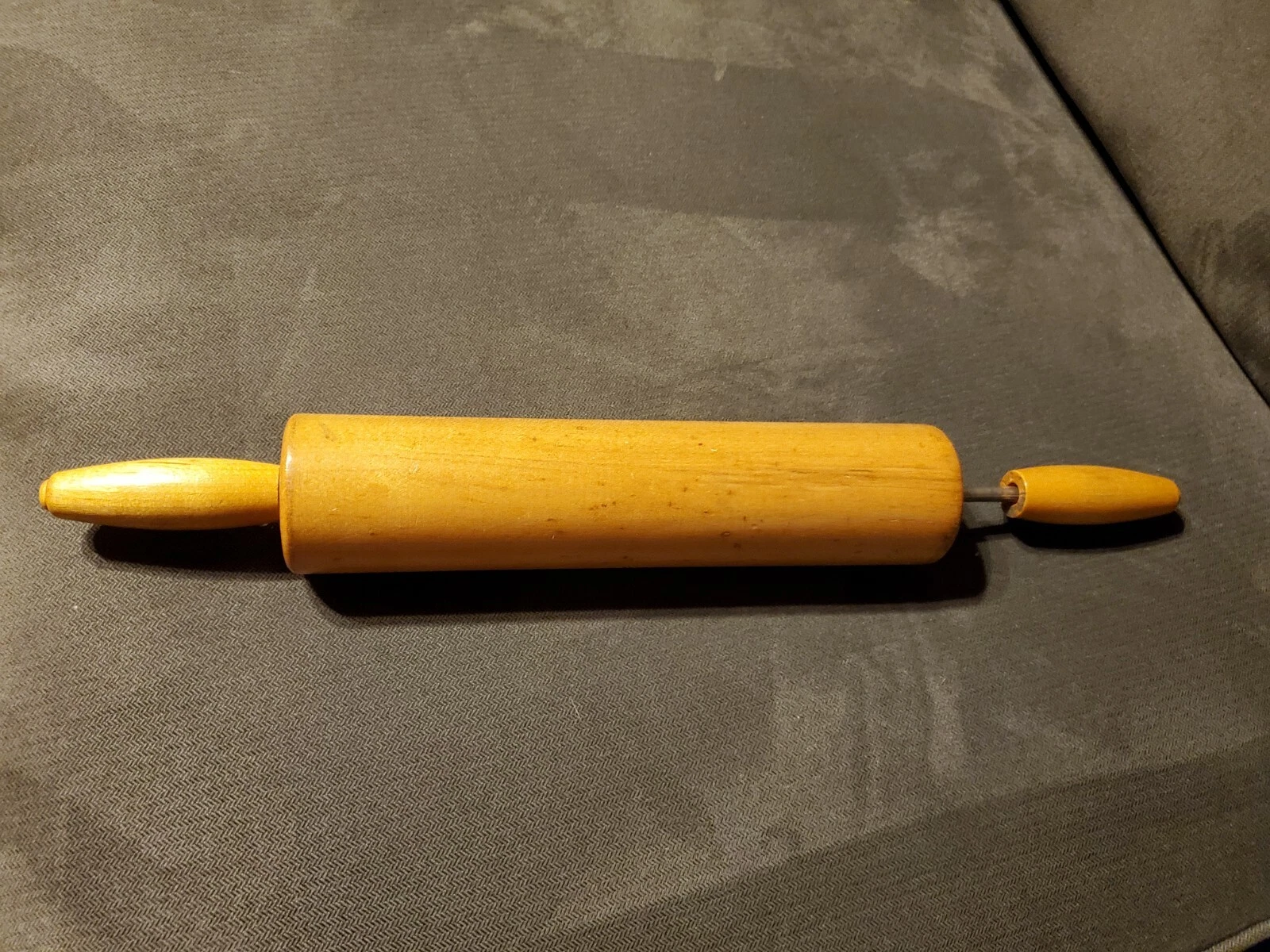 Natural Wood Rolling Pin Long Metal Rolling Rod 7" Round Vintage