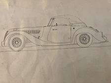 Très Beau Dessin Encre Papier Design Voiture Collection Art 1950 Automobile