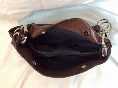 Woman’s Brown Strip Style Handbag Satchel Shoulder Bag w/Corner Patched Hobo - Picture 7 of 10