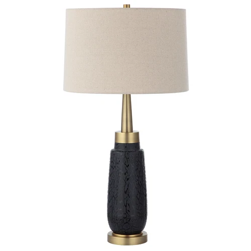 Elegant Contemporary Retro Etched Black Glass Table Lamp 31 in Brass Gold Sleek - Picture 4 of 7