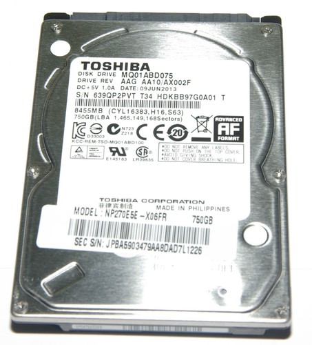 Disque Dur 2,5 SATA 750 Go * Toshiba 5400 tr/min SATA II * SMART OK RAS