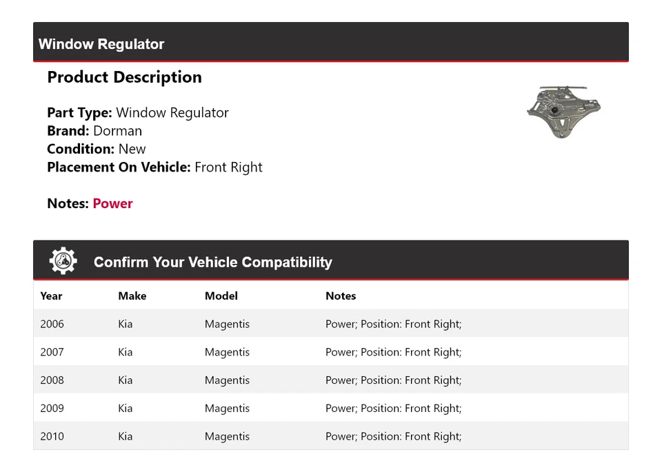Regulador de ventana delantero derecho para Kia Magentis Dorman 2006-2010 2007 2008 2009 Foto 2 de 4
