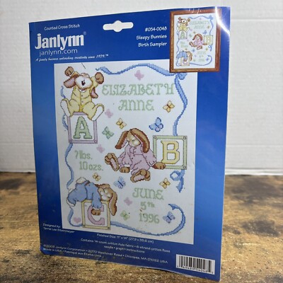 Janlynn Stamped Cross Stitch Sleepy Bunnies Birth Sampler #54-64 Kit 13x18'' NEW