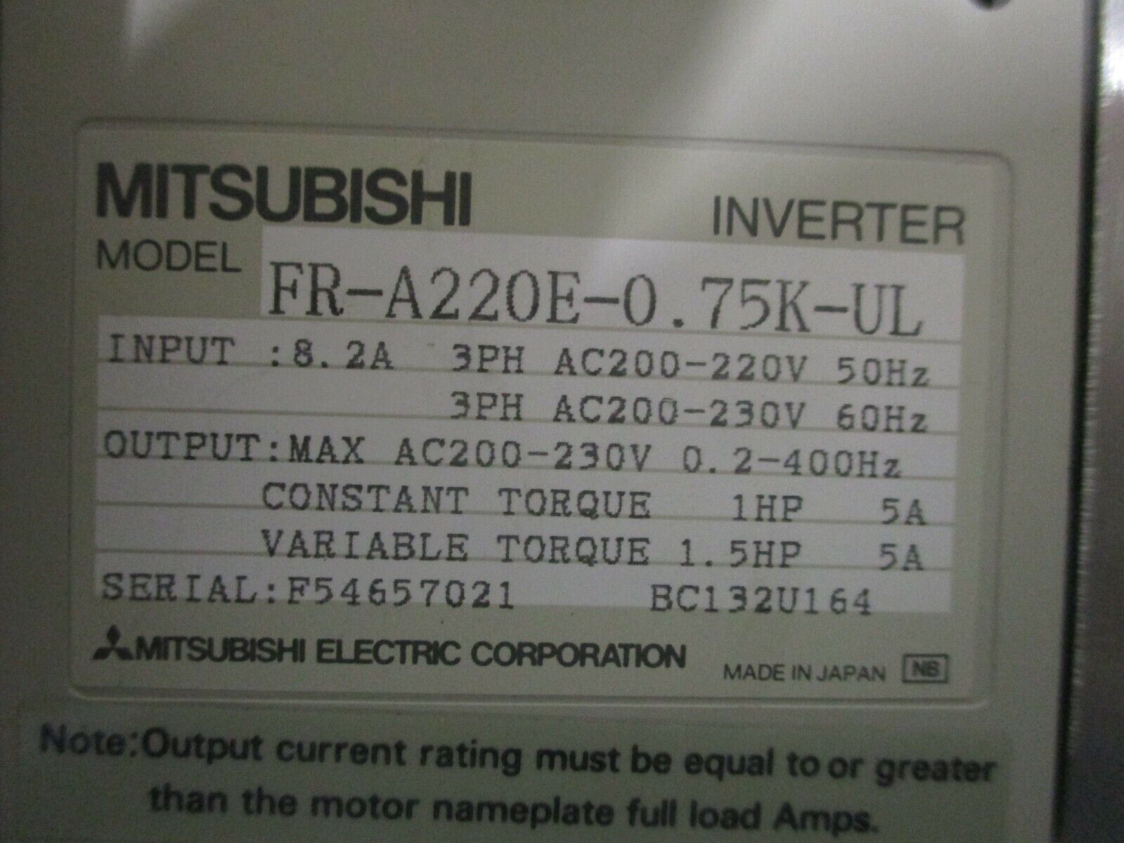 Mitsubishi FR-A220E-0.75K-UL Freqrol-A200 Inverter Drive 200VAC 1/1.5HP  *TESTED*