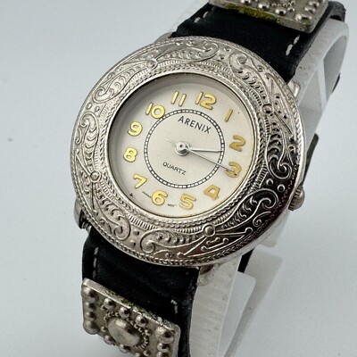VTG Arenix Quartz Watch Unisex Silver Fancy Bezel Leather Japan Movt ...
