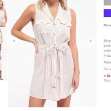 Mine Dress womens M Collared Sleeveless Belted Front Button down cream stripe
