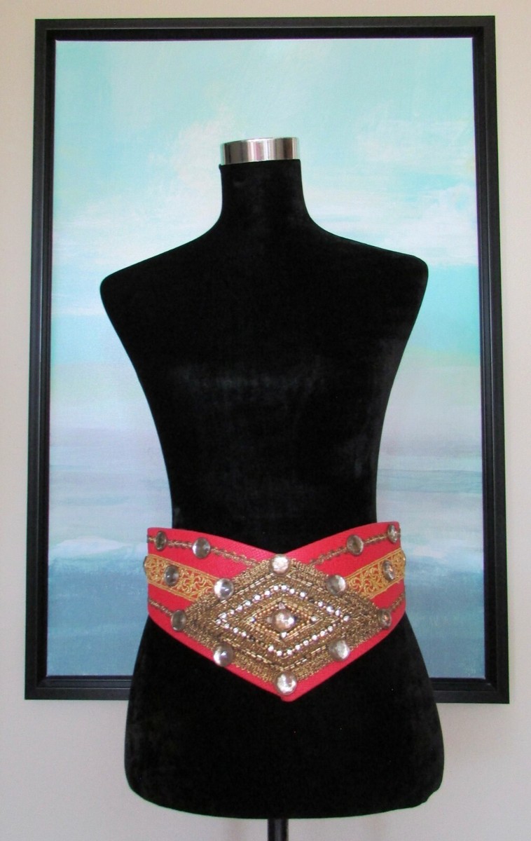 VTG LAISE ADZER Red Leather Gold Beaded Statement Belt Sz M  display picture 3