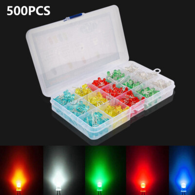 500Pcs 5V 1A 5mm Round LED Light Emitting Diodes 5 colors Assorted Kit ...