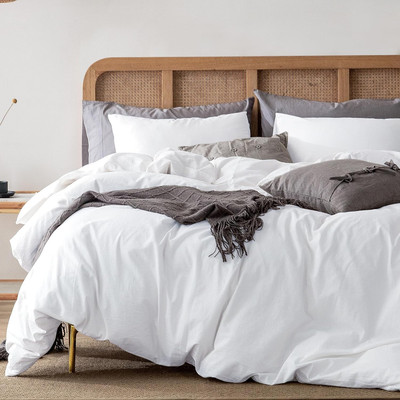 Duvet Cover Full Size, 100% Washed Cotton Linen Feel Super Soft Comfortable, 3-P
