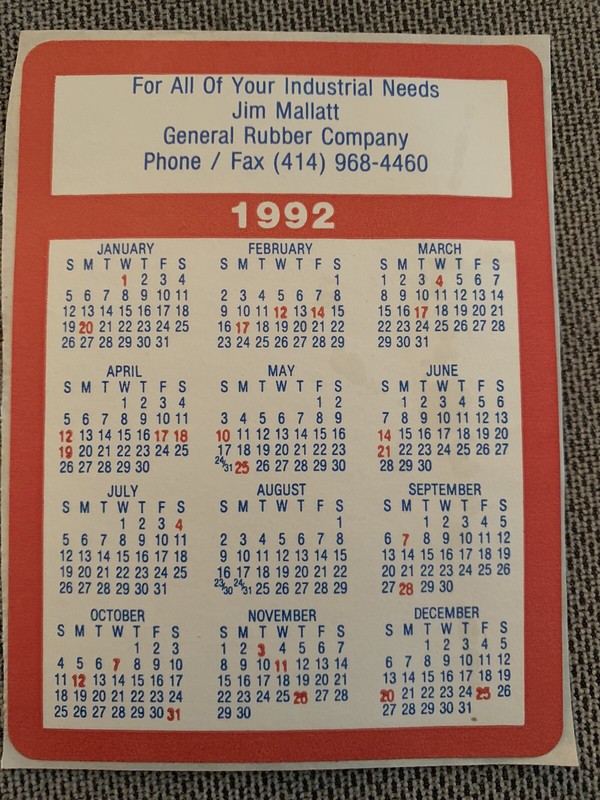 Vintage 1992 Calendar Sticker-Jim Mallatt-General Rubber Company 3x4” FREE SHIP.