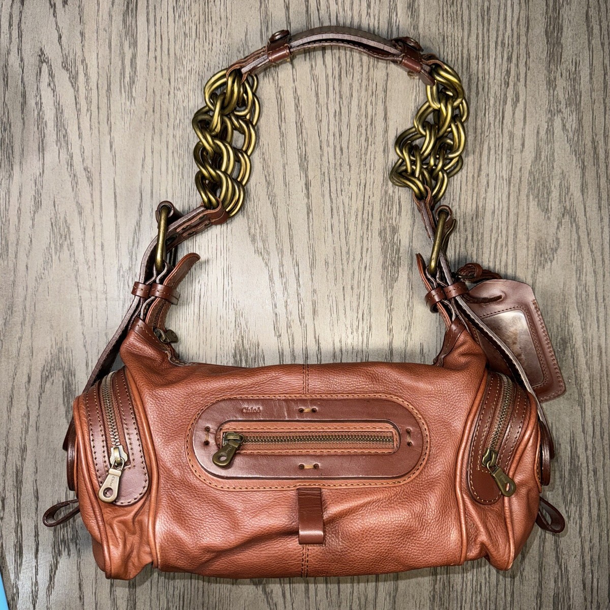 CHLOE Handbag Leather Women's Vintage Brown Metallic Strap