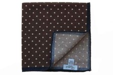 Battisti Pocket Square: Brown with white polkadot  navy trim, pure wool