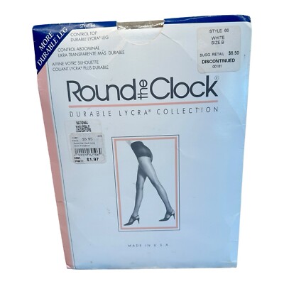 Vtg. Round the Clock Style 66 Durable Lycra Collection Pantyhose Size B White 