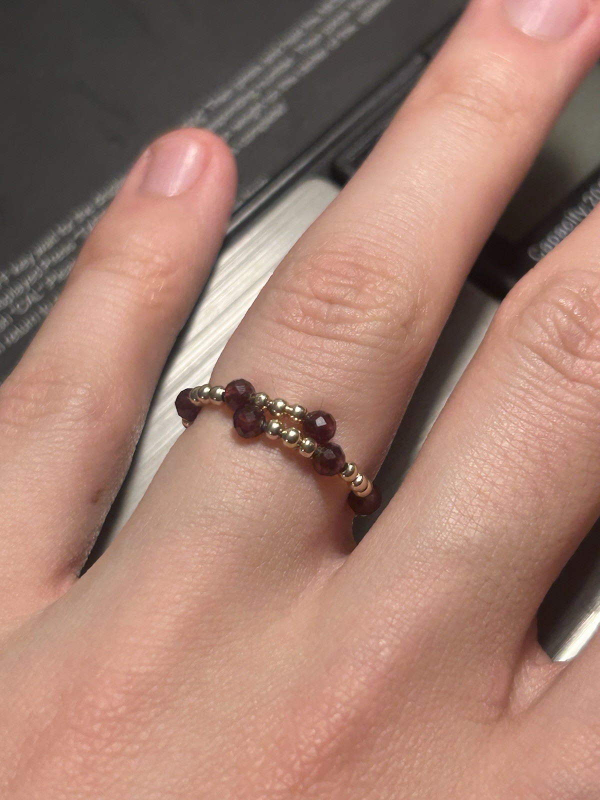 Solid 14k Gold Garnet Adjustable Beaded Ring Size… - image 3