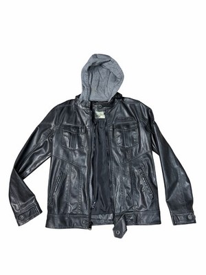 BKE Buckle Men's Black Faux Leather Jacket with Gray Hoodie S Slim Fit Y2K