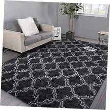Hutha 8x10 Shag Large Area Rugs for Living Room, Dark Grey and White Modern 