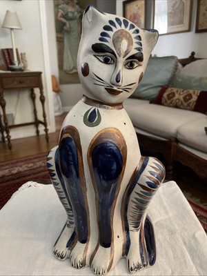 STUNNING vintage art pottery Tonala Mexico blue and white large cat AMAZING face